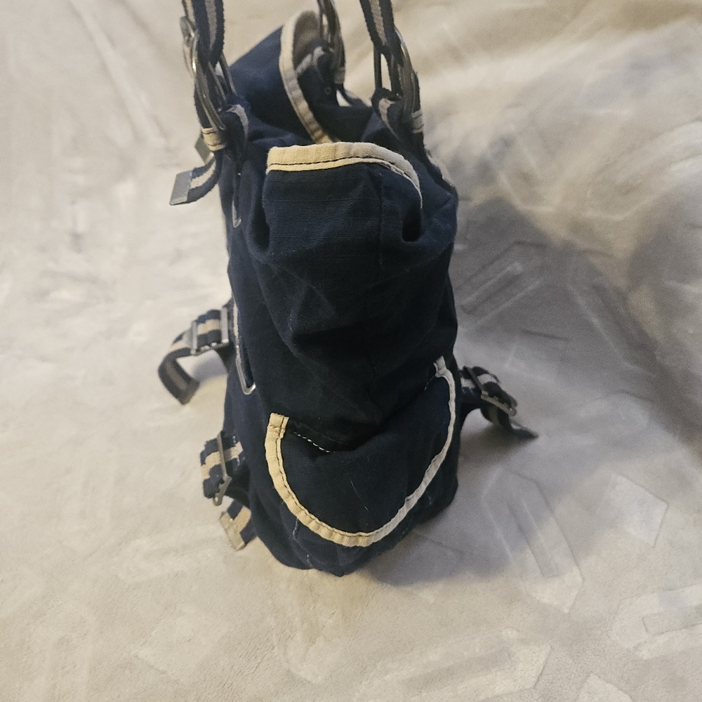 Y2K OLD Navy Bag Purse Navy Blue Ripstop Canvas grommet handles Grunge Gorpcore - Picture 4 of 15